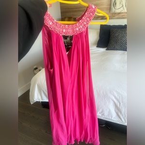 Pink satin halter beaded mini dress